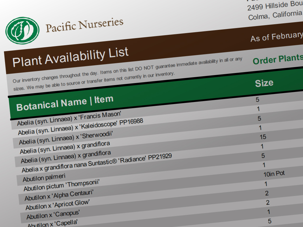Plant Availability List | Pacific Nurseries